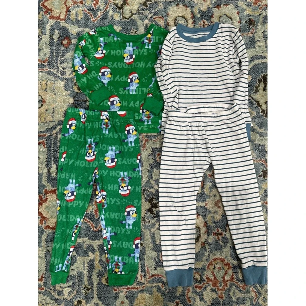 Bluey Christmas & Striped Pajama Bundle Kids 3T Green Blue Holiday